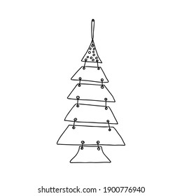 A Black outline hand drawing vector illustration of a carved Christmas fir tree with copy space isolated on a white background