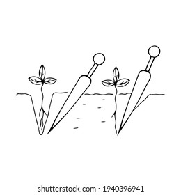 Dibujo manual de contorno negro ilustración vectorial de la siembra de pequeñas plantas de fresa con herramienta de madera aislada en un fondo blanco