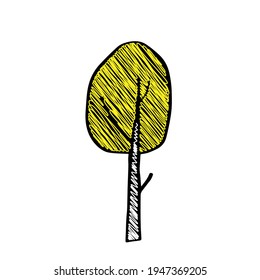 Dibujo manual de contorno negro ilustración vectorial de un árbol de abeduos caducifolios con hojas de garabatos amarillos en otoño aisladas en un fondo blanco