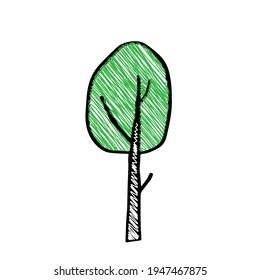 Dibujo manual de contorno negro ilustración vectorial de un árbol de abedul con hojas frescas de garabato verde en primavera aisladas en fondo blanco
