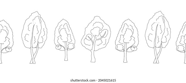 A Black outline hand drawing vector illustration of a group of deciduous birch trees isolated on a white background. Seamless pattern