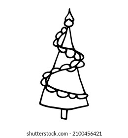 Black outline hand drawing vector illustration of a carved Christmas fir tree with copy space isolated on a white background