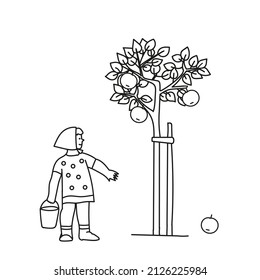 Black outline hand drawing vector illustration of an apple tree and a girl with a bucket isolated on a white background