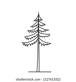 A Black outline hand drawing vector illustration of a carved Christmas fir tree isolated on a white background