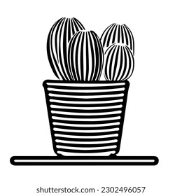 A Black outline hand drawing vector illustration of a decorative cactus hedgehog plant in a pot isolated on a white background