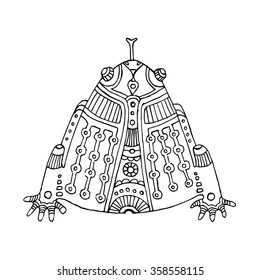 black outline hand drawn aztec frog, coloring book, white background, vector illustration