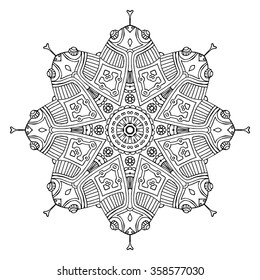 black outline hand drawn aztec frog mandala, coloring book, white background, vector illustration