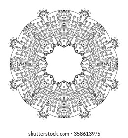 black outline hand drawn aztec frog mandala, white background, vector illustration
