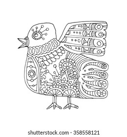 black outline hand drawn ethnic bird, coloring book, white background, vector illustration
