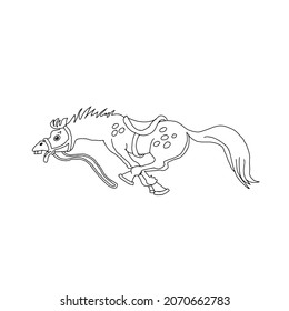 Dibujo vectorial de una mano dibujada en el contorno negro de un caballo divertido corriendo sobre un fondo blanco