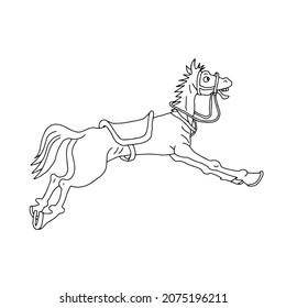 A Black outline hand drawn vector illustration of a funny horse running on a white background