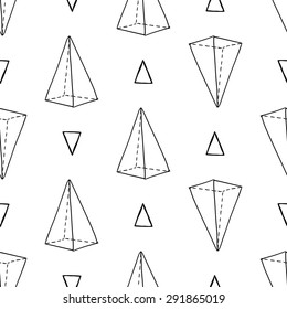 Black outline hand drawn vector triangle and pyramid seamless pattern. Cute doodle modern school education geometric isolated elements