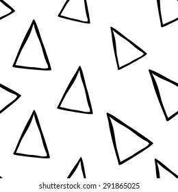 Black outline hand drawn vector triangle seamless pattern. Cute doodle modern school education geometric isolated elements