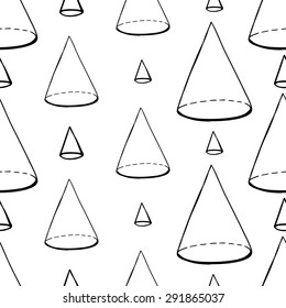 Black outline hand drawn vector taper and cone seamless pattern. Cute doodle modern school education geometric isolated elements