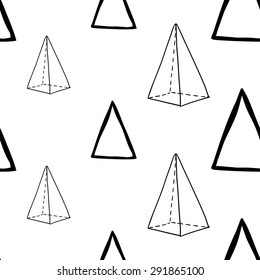 Black outline hand drawn vector triangle and pyramid seamless pattern. Cute doodle modern school education geometric isolated elements