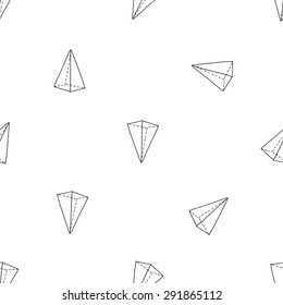 Black outline hand drawn vector pyramid seamless pattern. Cute doodle modern school education geometric isolated elements