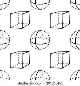 Black outline hand drawn vector cube and sphere seamless pattern. Cute doodle modern school education geometric isolated elements