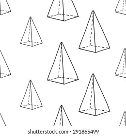 Black outline hand drawn vector pyramid seamless pattern. Cute doodle modern school education geometric isolated elements
