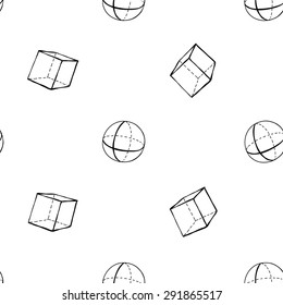 Black outline hand drawn vector cube and sphere seamless pattern. Cute doodle modern school education geometric isolated elements
