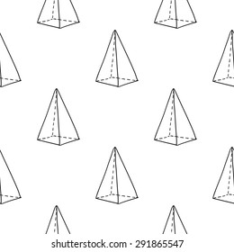 Black outline hand drawn vector pyramid seamless pattern. Cute doodle modern school education geometric isolated elements
