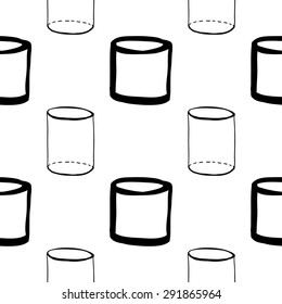 Black outline hand drawn vector barrel and cylinder seamless pattern. Cute doodle modern school education geometric isolated elements