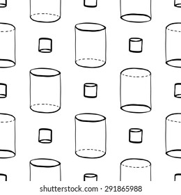 Black outline hand drawn vector barrel and cylinder seamless pattern. Cute doodle modern school education geometric isolated elements