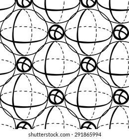 Black outline hand drawn vector ball and sphere seamless pattern. Cute doodle modern school education geometric isolated elements