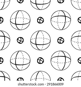 Black outline hand drawn vector ball and sphere seamless pattern. Cute doodle modern school education geometric isolated elements