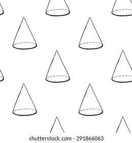 Black outline hand drawn vector cone seamless pattern. Cute doodle modern school education geometric isolated elements