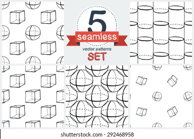 Black outline hand drawn vector cube and sphere seamless patter. Set of 5 vector seamless pattern. Cute doodle modern school education geometric isolated elements. 