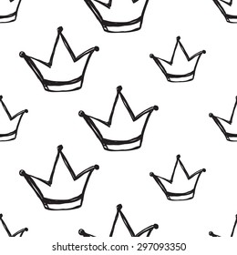 Black outline hand drawn vector crown seamless pattern. Cute doodle modern isolated pop art elements