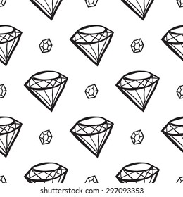 Black outline hand drawn vector crystal and diamond seamless pattern. Cute doodle modern isolated pop art elements
