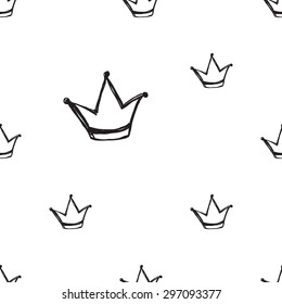 Black outline hand drawn vector crown seamless pattern. Cute doodle modern isolated pop art elements