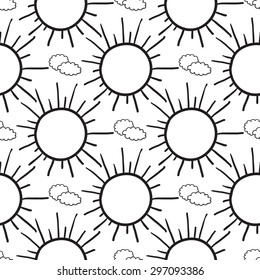 Black outline hand drawn vector cloud and sun seamless pattern. Cute doodle modern isolated pop art elements