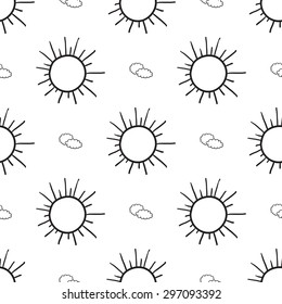 Black outline hand drawn vector cloud and sun seamless pattern. Cute doodle modern isolated pop art elements