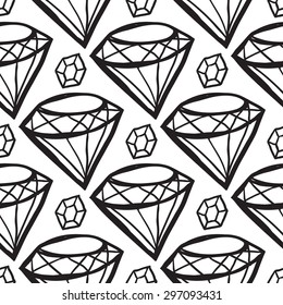 Black outline hand drawn vector crystal and diamond seamless pattern. Cute doodle modern isolated pop art elements