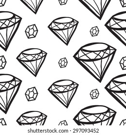Black outline hand drawn vector crystal and diamond seamless pattern. Cute doodle modern isolated pop art elements