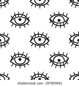 Black outline hand drawn vector eye seamless pattern. Cute doodle modern isolated pop art elements