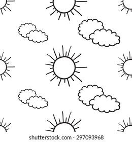 Black outline hand drawn vector cloud and sun seamless pattern. Cute doodle modern isolated pop art elements