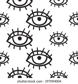 Black Outline Hand Drawn Vector Eye Seamless Pattern. Cute Doodle Modern Isolated Pop Art Elements