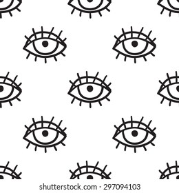 Black outline hand drawn vector eye seamless pattern. Cute doodle modern isolated pop art elements