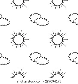 Black outline hand drawn vector cloud and sun seamless pattern. Cute doodle modern isolated pop art elements