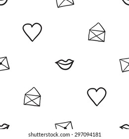 Black outline hand drawn vector envelope, mail, love, lips seamless pattern. Cute doodle modern isolated pop art elements