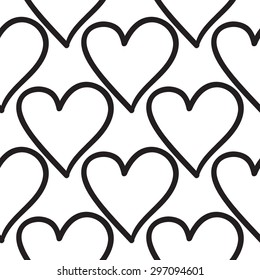 Black outline hand drawn vector heart seamless pattern. Cute doodle modern isolated pop art elements