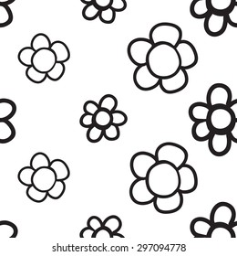 Black outline hand drawn vector flower seamless pattern. Cute doodle modern isolated pop art elements