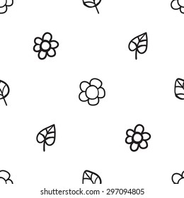 Black Outline Hand Drawn Vector  Leaf And Flower Seamless Pattern. Cute Doodle Modern Isolated Pop Art Elements