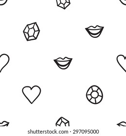 Black outline hand drawn vector love, heart, smile, lips, crystal seamless pattern. Cute doodle modern isolated pop art elements