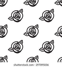 Black outline hand drawn vector rose seamless pattern. Cute doodle modern isolated pop art elements
