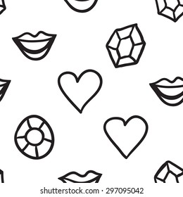 Black outline hand drawn vector love, heart, smile, lips, crystal seamless pattern. Cute doodle modern isolated pop art elements