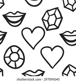 Black outline hand drawn vector love, heart, smile, lips, crystal seamless pattern. Cute doodle modern isolated pop art elements